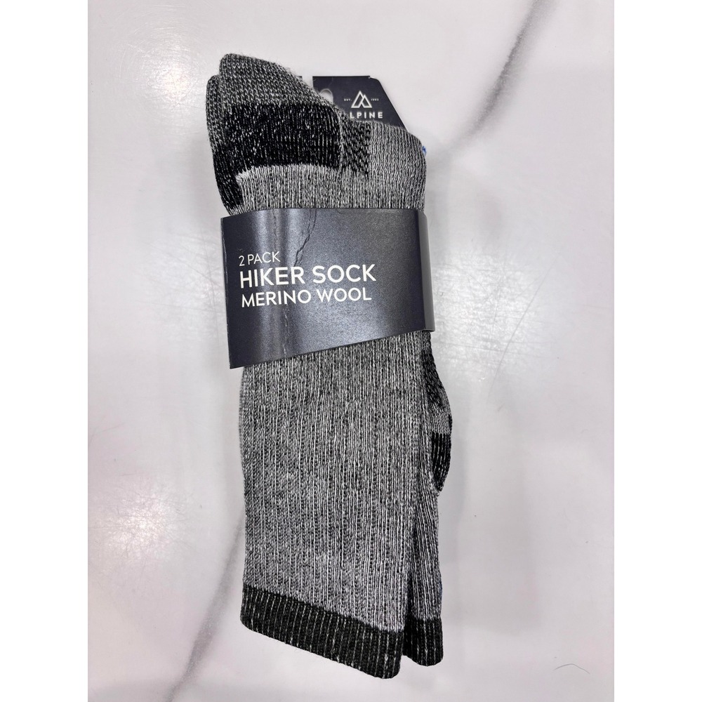 Alpine Design Mens 2 Pack Hiker Socks Merino Wool Gray Marled Shoe Size 9-12